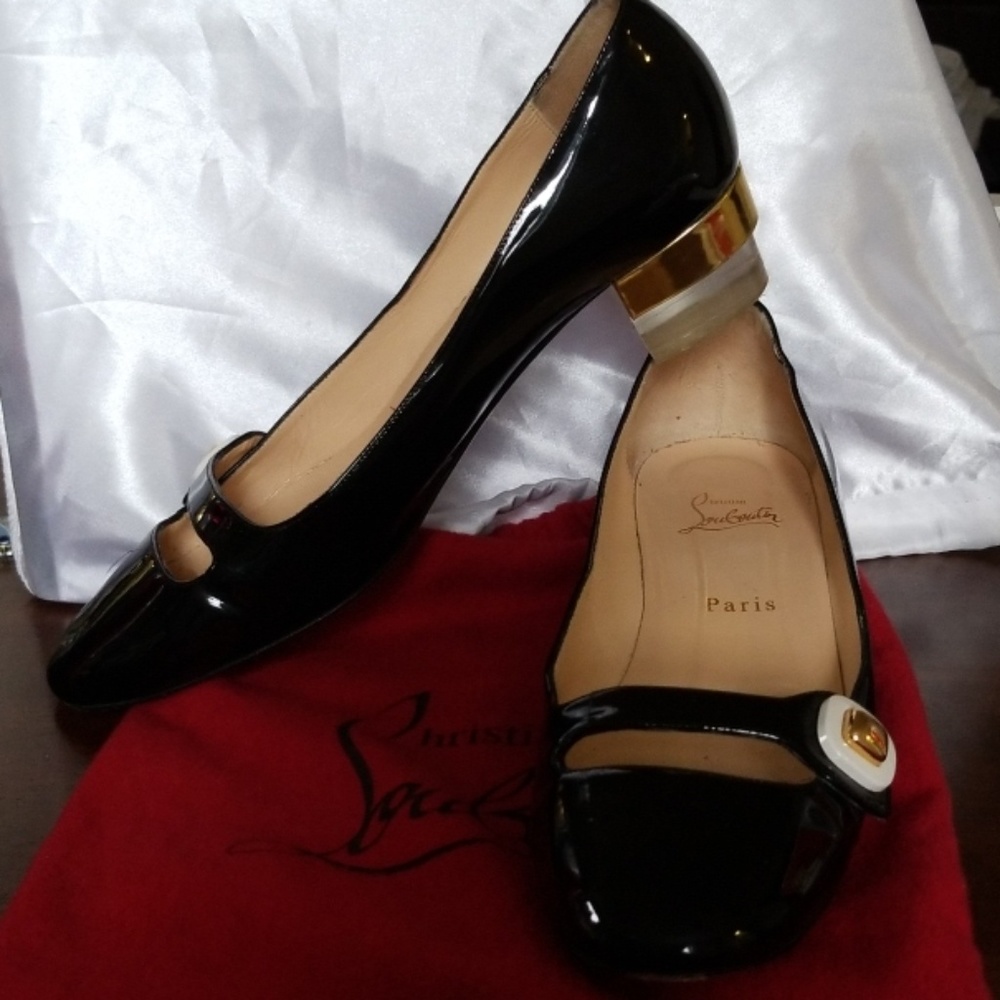 Louboutin Bibababy patent leather and clear heels